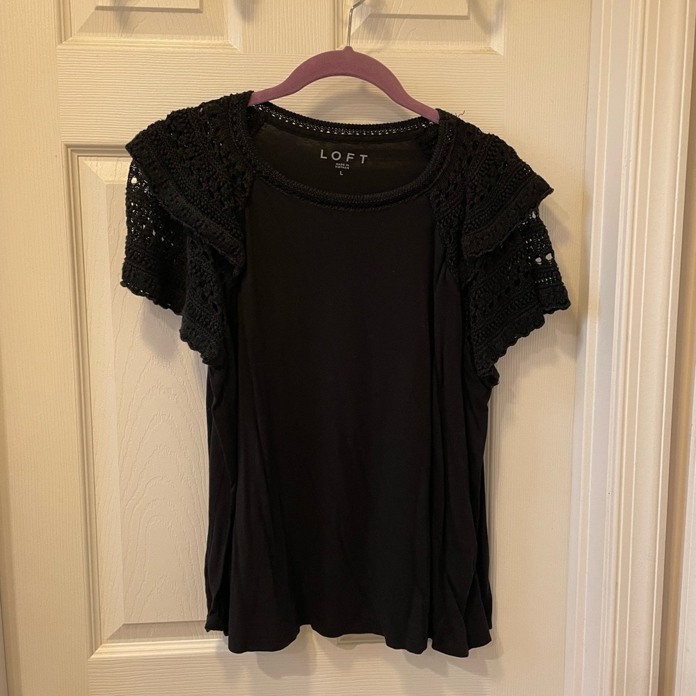 LOFT Lace Short Sleeve Black Top